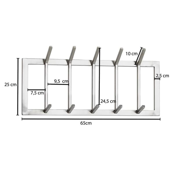Rootz væg knagerække metal sølv 65x30x10 cm design hall knagerække stål - Krogestang vægpanel - garderobevæg - Gang knagerække