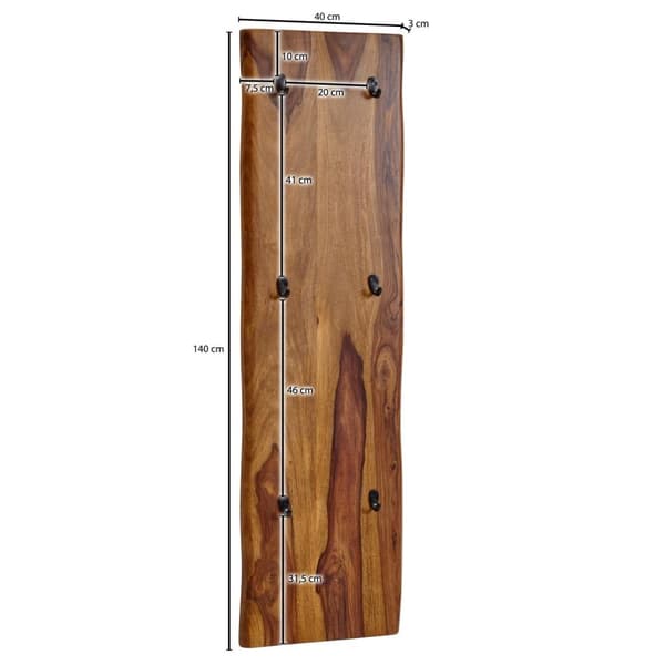 Rootz garderob Sheesham massivt trä - metall 40x140x7 cm med avtagande - Design krokskena 2-radig hall garderobsvägg - Garderobsträ