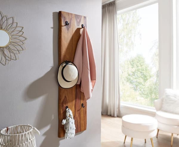 Rootz garderob Sheesham massivt trä - metall 40x140x7 cm med avtagande - Design krokskena 2-radig hall garderobsvägg - Garderobsträ