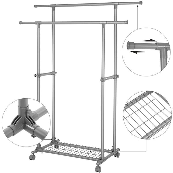 Rootz-vaateteline pyörillä - Jatkettava naulakko tuplatangolla - Siirrettävä - Vaateteline - Max. kuorma 70 kg - (87-150) x 52 x 166 cm - Harmaa
