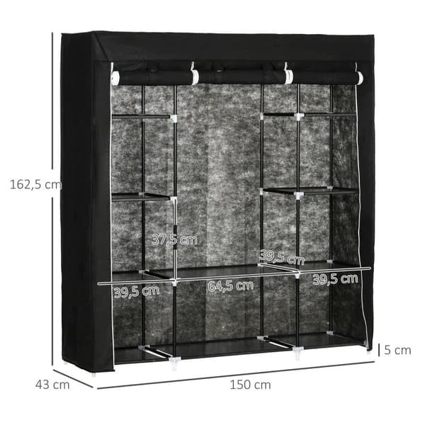 Rootz-vaatekaappi - Fleecestä valmistettu kangasvaatekaappi - Taitettava vaatekaappi - 1 vaatetanko - 9 hyllyä - Musta - 150 cm x 43 cm x 162,5 cm
