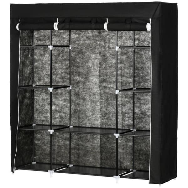 Rootz-vaatekaappi - Fleecestä valmistettu kangasvaatekaappi - Taitettava vaatekaappi - 1 vaatetanko - 9 hyllyä - Musta - 150 cm x 43 cm x 162,5 cm
