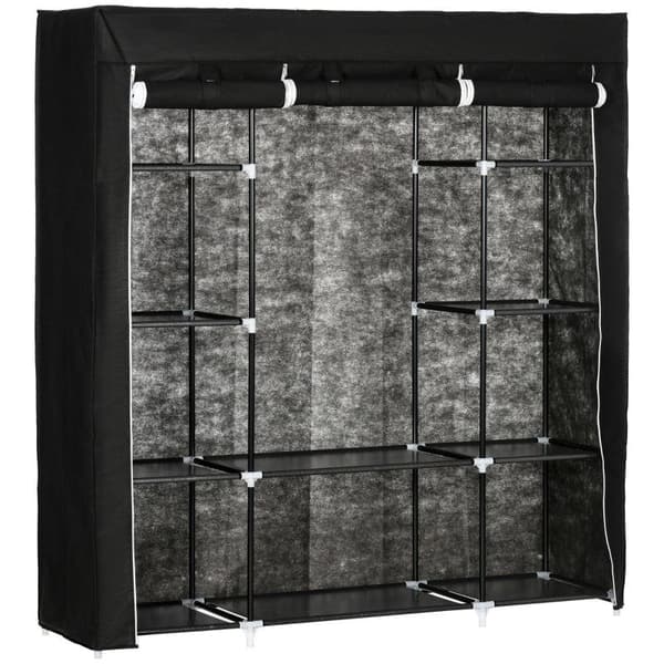 Rootz-vaatekaappi - Fleecestä valmistettu kangasvaatekaappi - Taitettava vaatekaappi - 1 vaatetanko - 9 hyllyä - Musta - 150 cm x 43 cm x 162,5 cm