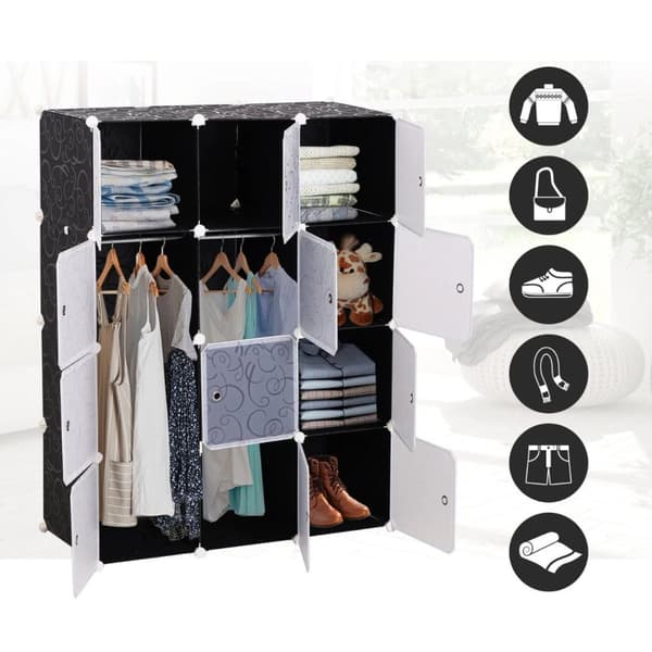 Rootz Garderobe - Opbevaringsskab - Rumskab - Tøjstang - Kuber - Sort - Hvid - 111x47x145 cm