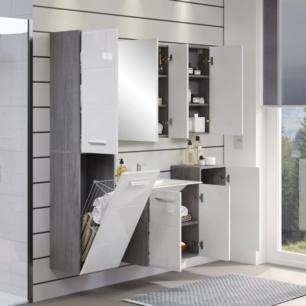 Rootz Bathroom Chest - Storage Cabinet - Vanity Unit - Drawer Stand - Bathroom Organizer - Wooden Furniture - Smoke Silver/White High Gloss - 35x68x34