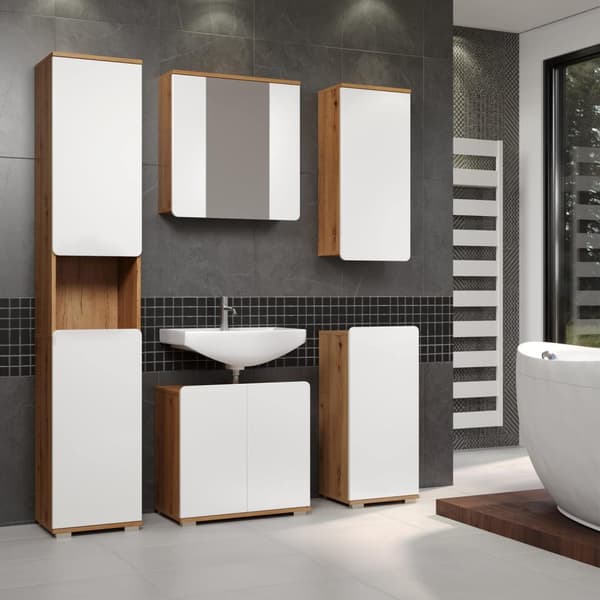 Rootz Bathroom Cabinet - Storage Unit - Washroom Furniture - Vanity Stand - Towel Holder - Restroom Organizer - Bath Rack - White Gloss and Artisan Oa