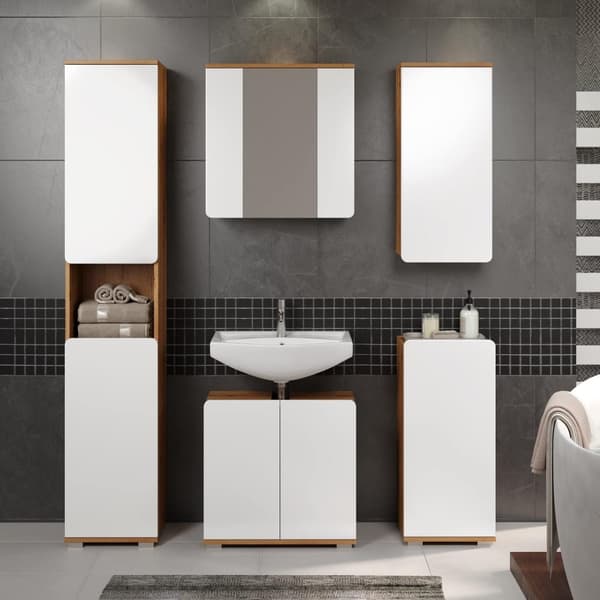 Rootz Bathroom Cabinet - Storage Unit - Washroom Furniture - Vanity Stand - Towel Holder - Restroom Organizer - Bath Rack - White Gloss and Artisan Oa