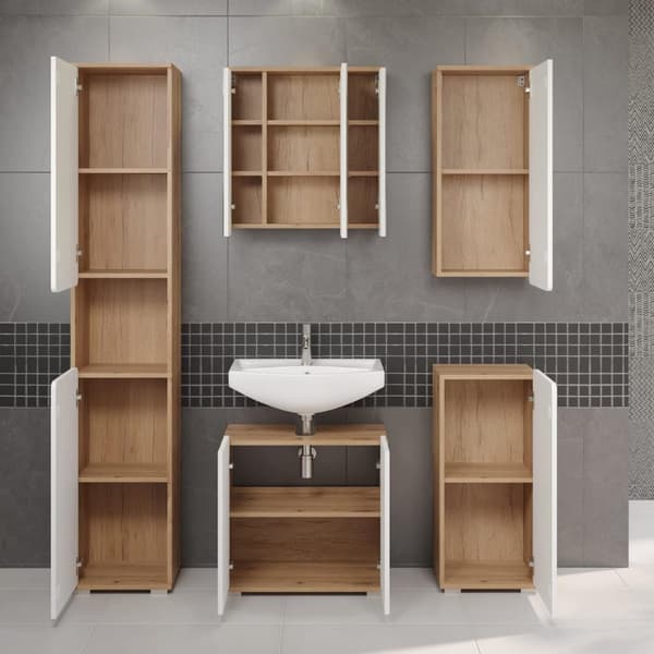 Rootz Bathroom Cabinet - Storage Unit - Washroom Furniture - Vanity Stand - Towel Holder - Restroom Organizer - Bath Rack - White Gloss and Artisan Oa