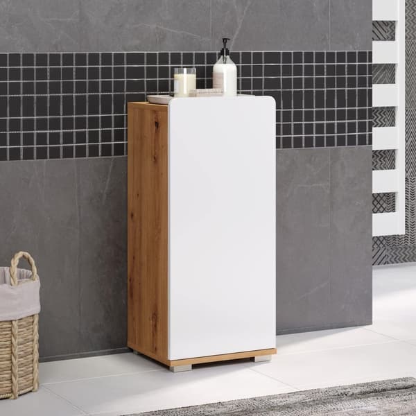 Rootz Bathroom Cabinet - Storage Unit - Washroom Furniture - Vanity Stand - Towel Holder - Restroom Organizer - Bath Rack - White Gloss and Artisan Oa