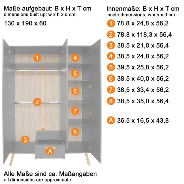 Rootz Baby Room Wardrobe - Cabinet - Closet - Storage - Armoire - Cupboard - Dresser - Grey - 130 x 190 x 60 cm