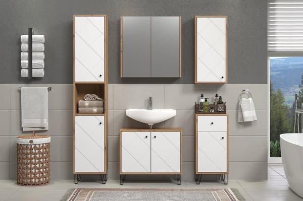 Rootz Washbasin Vanity - Bathroom Cabinet - Storage Unit - Sink Base - Vanity Stand - Bath Organizer - Under-sink Holder - White Matt Lacquer with Art