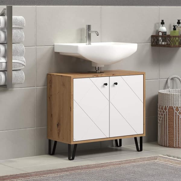 Rootz Washbasin Vanity - Bathroom Cabinet - Storage Unit - Sink Base - Vanity Stand - Bath Organizer - Under-sink Holder - White Matt Lacquer with Art