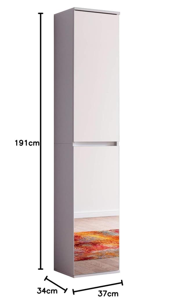 Rootz Mirror Wardrobe - Storage Closet - Reflective Cabinet - Mirror Cabinet - Shelving Unit - Storage Unit - Organizer - White Melamine - 37 x 191 x