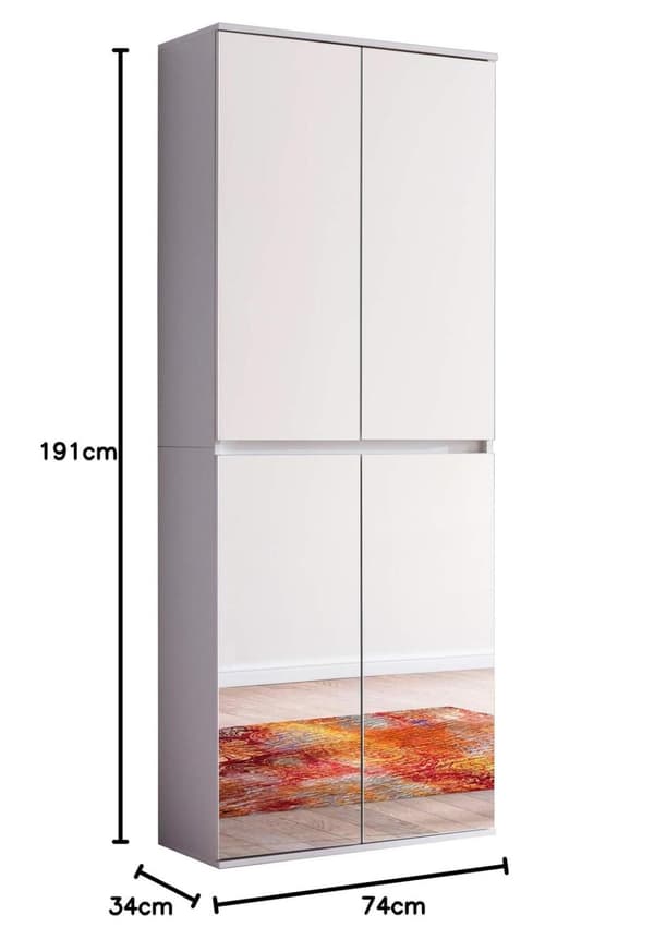 Rootz Mirror Wardrobe - Reflective Closet - Storage Cabinet - Mirrored Armoire - Dressing Unit - Storage Unit - Clothing Organizer - White Melamine -