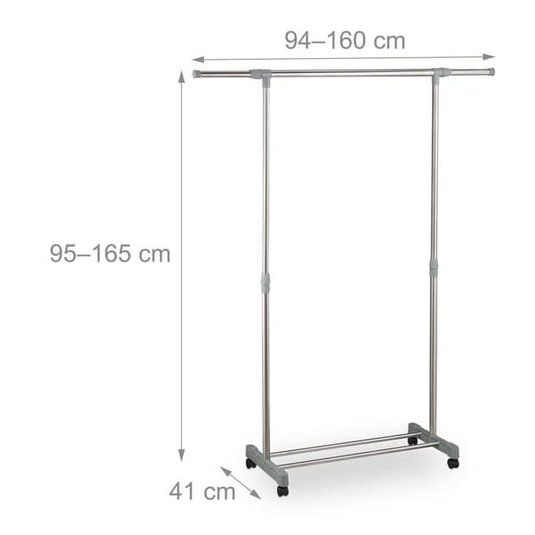 Relaxdays professionell klädhängare med hjul, med klädkrokar och stöd, justerbar H 95-165cm, L 94-160cm, silver