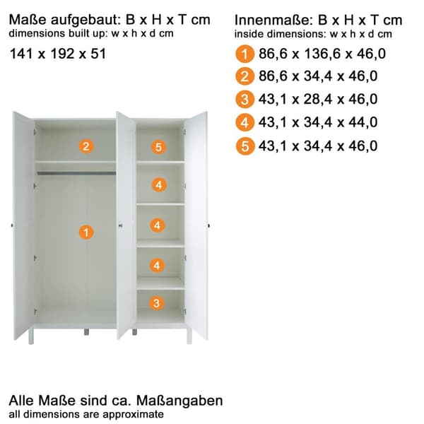 Rootz Baby Room Wardrobe - Storage Cabinet - Clothes Organizer - Nursery Furniture - Child's Closet - Dresser - White - 141 x 192 x 51 cm