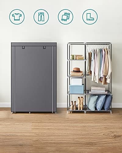 Songmics stofgarderobe, tøjopbevaringsorgan, 6 hylder, 1 skinne, grå