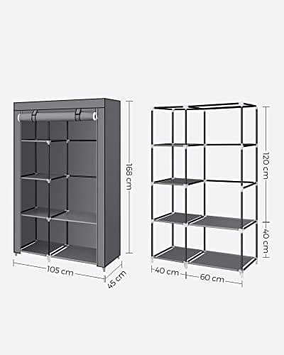 Songmics stofgarderobe, tøjopbevaringsorgan, 6 hylder, 1 skinne, grå