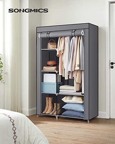 Songmics stofgarderobe, tøjopbevaringsorgan, 6 hylder, 1 skinne, grå
