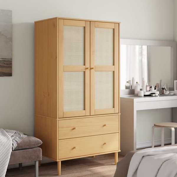 vidaXL klædeskab SENJA 90x55x175 cm rattan-look massivt fyrretræ brun