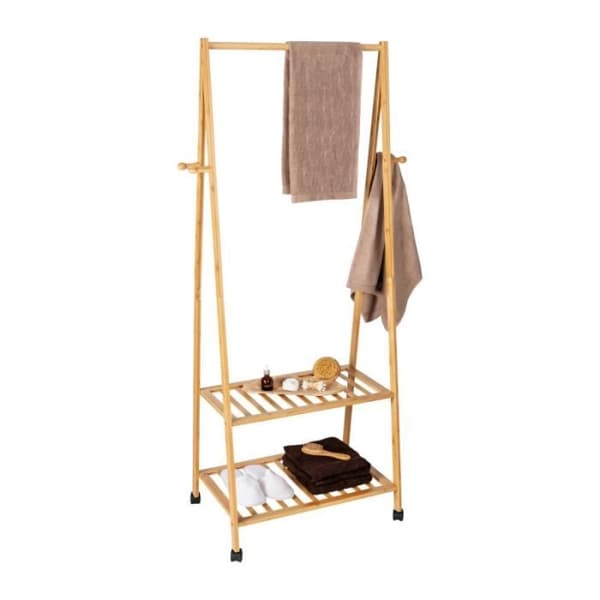 Klädställ och garderober - Wenko - Klädställ på hjul i bambu med 2 förvaringsutrymmen + 4 klädkrokar + stång - Beige - H 165 x L 76,5 cm