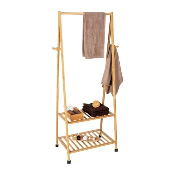 Klädställ och garderober - Wenko - Klädställ på hjul i bambu med 2 förvaringsutrymmen + 4 klädkrokar + stång - Beige - H 165 x L 76,5 cm