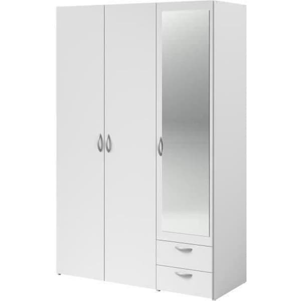VARIA garderob - Vit dekor - 3 gångjärnsdörrar + spegel + 2 lådor - L 120 x H 185 x D 51 cm - PARISOT