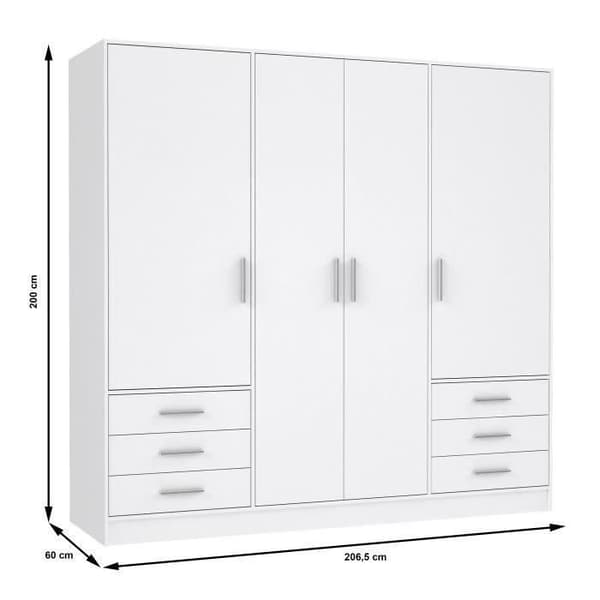 Garderob 4 gångjärnsdörrar + 6 lådor - Spånskivor - Matt vit - L 206,5 x D 60 x H 200 cm - JUPITER