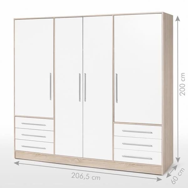 Garderob med 4 gångjärnsdörrar + 6 lådor - Ek och vit - L 206 x D 60 x H 200 cm - JUPITER