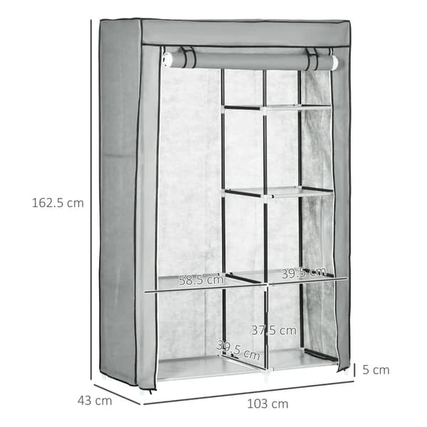 Rootz Tygskåp - Tygskåp - Garderobsförvaringslösning - 6 hyllor - 1 klädstång - Skåp - Grå - 103L x 43W x 162,5H cm