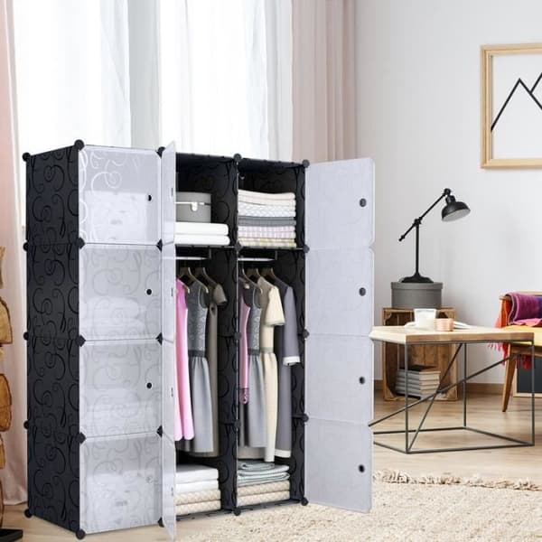 YUENFONG Sovrum Garderob Förvaring 12 kuber Garderob Organizer DIY Hyllsystem för kläder Skor Leksaker Svart