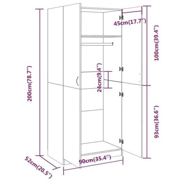 vidaXL garderobeskab 90x52x200 cm konstrueret træ grå sonoma-eg - Klædeskabe & garderobeskabe