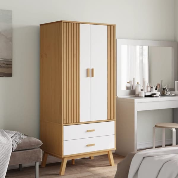 vidaXL klædeskab OLDEN 76,5x53x172 cm massivt fyrretræ hvid og brun - Klædeskabe & garderobeskabe