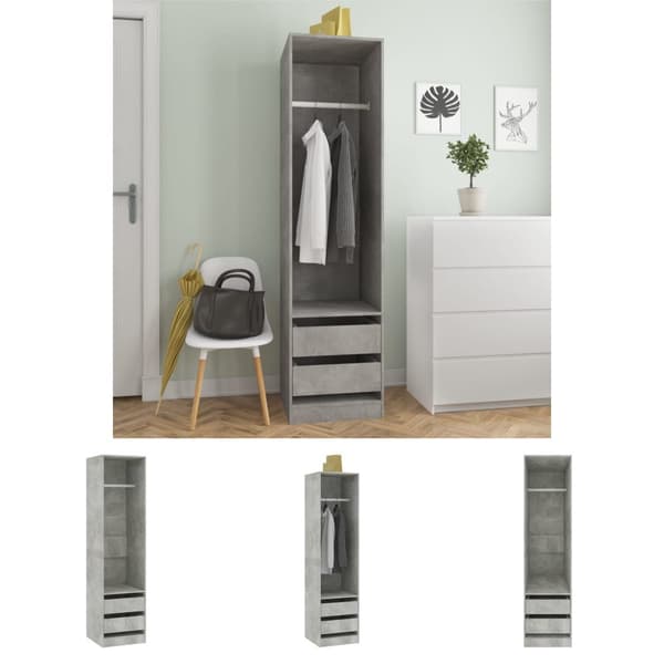 The Living Store klædeskab med skuffer 50x50x200 cm konstrueret træ betongrå -  Klædeskabe & garderobeskabe