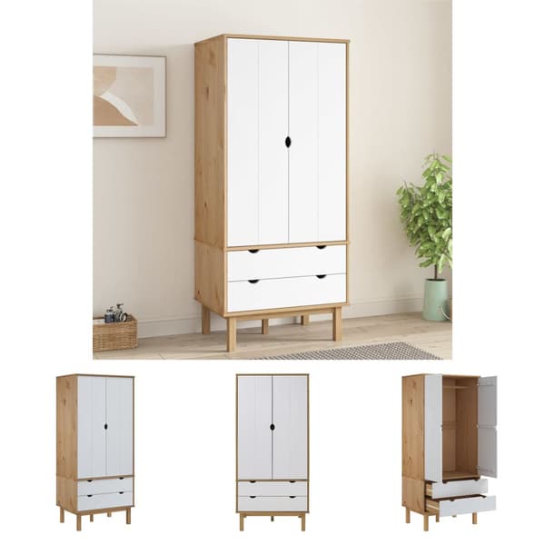 The Living Store tøjskab OTTA 76,5x53x172 cm massivt fyrretræ brun og hvid - Klædeskabe & garderobeskabe