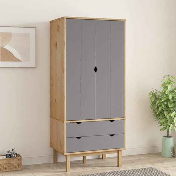 The Living Store tøjskab OTTA 76,5x53x172 cm massivt fyrretræ brun og grå -  Klædeskabe & garderobeskabe