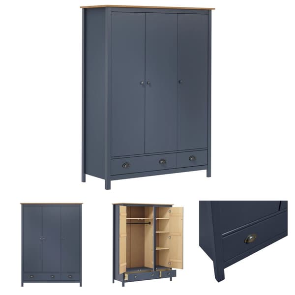 The Living Store klædeskab med 3 låger Hill 127x50x170 cm massivt fyrretræ grå -  Klædeskabe & garderobeskabe