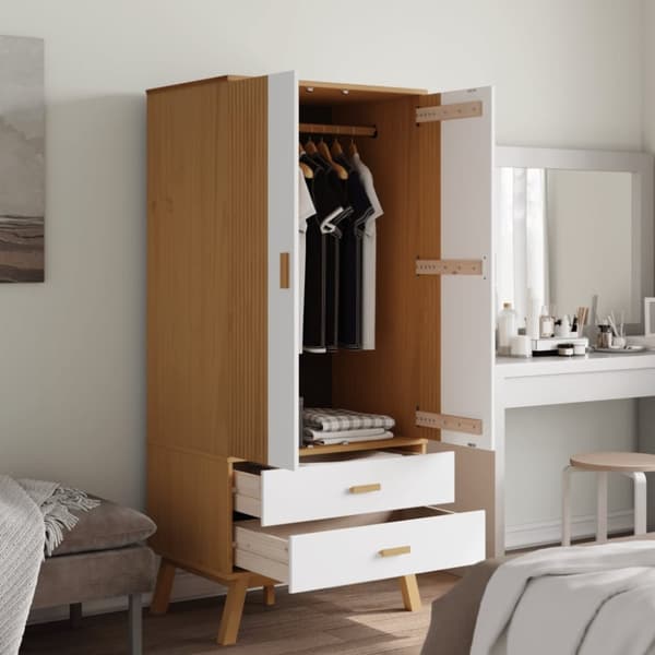 The Living Store klædeskab OLDEN 76,5x53x172 cm massivt fyrretræ hvid og brun -  Klædeskabe & garderobeskabe