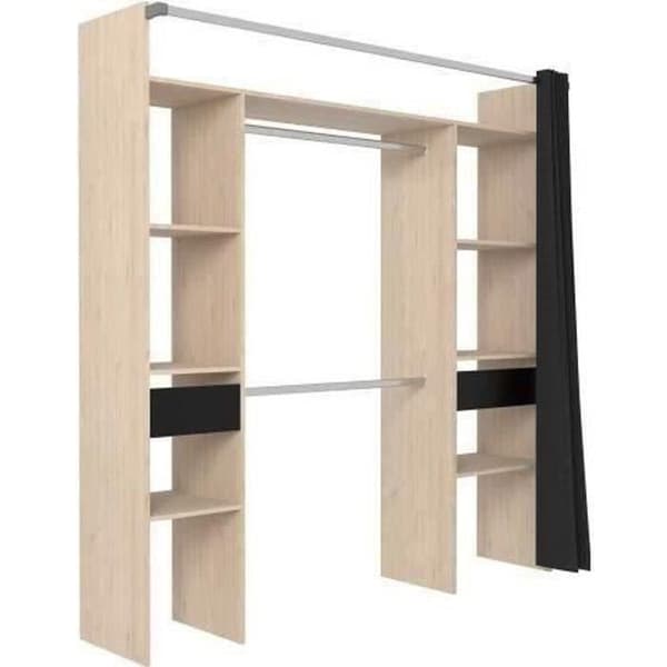 ARTIC omklädningsrum med gardin - L 198 x H 203 cm - 2 kolumner + 2 garderober + 2 lådor - Jackson ek och svart