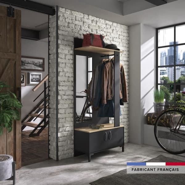 GAMI 2-dörrars entréskåp - Made in France - Sonoma ek och svart dekor - L 81 x H 190 x D 37 cm - BUTIK