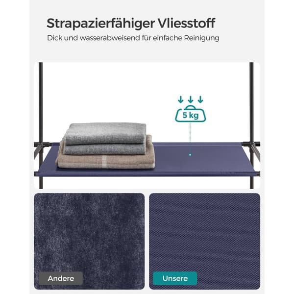 Rootz Marinblå tygskåp - Garderobsarrangör - Förvaringsenhet - Non-woven tyg - Metallrör - PP-plastkontakt - Stor storlek - Lättvikt - Enkel montering
