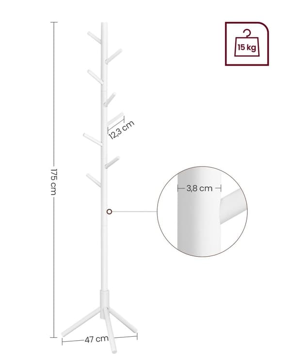 Rootz knageholder - Garderobe - Fritstående knageholder - Stabil base - 8 kroge - Nem montering - Gummitræ - 47cm x 47cm x 175cm