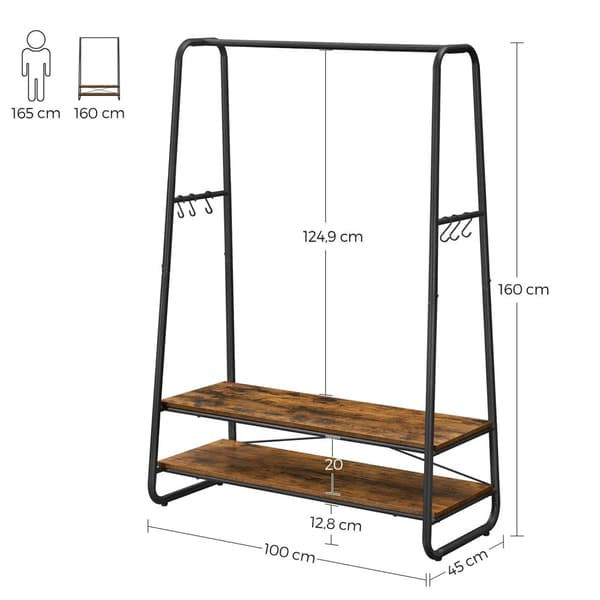 Rootz Vintage Ruskea-Musta Vaateteline - Vaatekaappiteline - Vaatteiden järjestäjä - Lastulevy ja teräs - 100cm x 45cm x 160cm - Raskas - Helppo koota