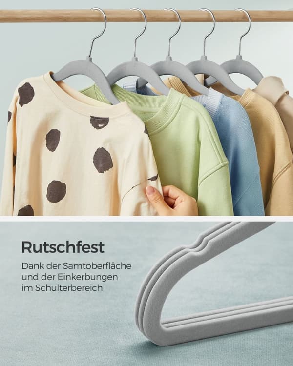 Rootz 50 Pack børnetøjsbøjler - Duegrå - ABS-plastik - Fløjl - Metalkrog - Letvægts - Pladsbesparende - Holdbar - 30 cm x 20,5 cm x 2,4 kg