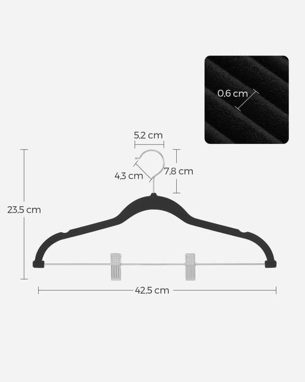 Rootz 20 Pack Velvet Bøjler - Sorte Tøj Bøjler - Pladsbesparende Bøjler - ABS Plast - Metal - Skridsikret design - 42,5 cm x 23,5 cm - 1,8 kg - 5 kg K