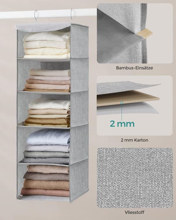 Rootz 2-pack hängande organisatör - Garderobsförvaring - Garderobsarrangör - Ovävt tyg - Bambuinsatser - Metallram - Lättvikt - Platssparande - 30 cm