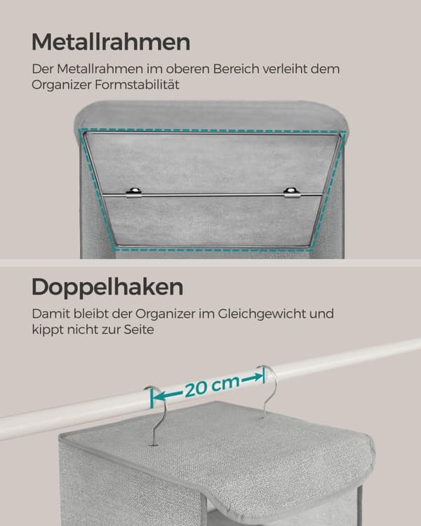 Rootz 2-pack hängande organisatör - Garderobsförvaring - Garderobsarrangör - Ovävt tyg - Bambuinsatser - Metallram - Lättvikt - Platssparande - 30 cm