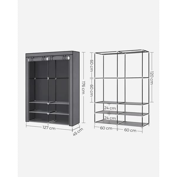 Rootz Grey Steel -vaatekaappi - Kaapin järjestäjä - Säilytyskaappi - Kuitukangas - Muovi - 45 cm x 127 cm x 176 cm - Kevyt - Tukeva - Helppo koota
