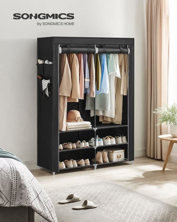 Rootz bærbart sort garderobeskab - Skabsorganisator - Tøjopbevaring - Stålramme - Ikke-vævet stof - Plastforbindelser - 45 cm x 127 cm x 176 cm - Letv