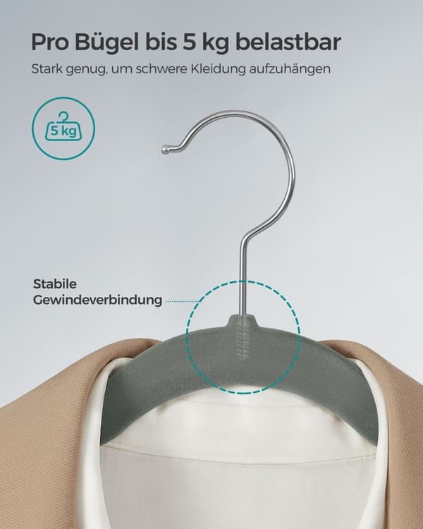 Rootz 50 Pack Velvet Tøjbøjler - Grå bøjler - Pladsbesparende bøjler - Skridsikre bøjler - Fløjlsmateriale - ABS plastik - Metalkrog - 43 cm x 22 cm -